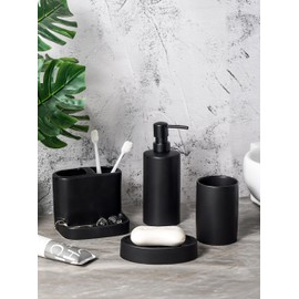 Bathroom Accessory Set 5 Pcs,SURUI Complete Matte Black Bathroom Accessory Set with Toothbrush Holder，Tooth Glass，Cotton Swab/Cotton BallDispenser，Soap Dish，Liquid Soap Dispenser（Black）