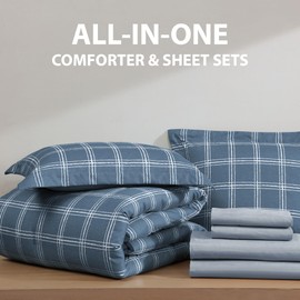 Cathay Home Basic Bedding Home Essential Ultra Soft Lightweight 7PC Wrinkle Resistant Microfiber Bed in a Bag Set (Includes Complete Sheet Set & Comforter Set) - Navy Plaid, Full