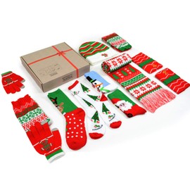 Great Gift Idea for Women Christmas Holiday Socks, Beanies, Scarf, Gloves 9-Items (Christmas-A)