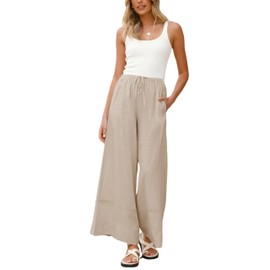 Athlisan Women's Summer Cotton Linen Palazzo Pants Baggy Wide Leg Lounge Trousers with Pockets(Khaki-M)