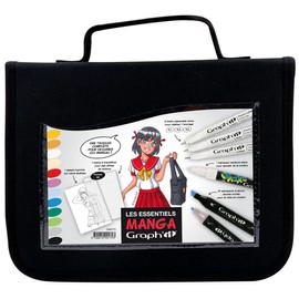 GRAPH'IT Marker Essentiels Manga Pen Case with 12 Alcohol Markers Dual Tip for Manga and Illustration Fine and Slant Tip 3 Black Liners 1 White Marker + 1 Manga A6