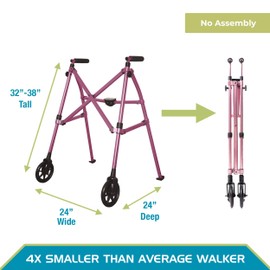 Stander Wonder Walker, Lightweight Foldable Space Saver Rolling Walker for Adults, Seniors, and Elderly, Compact Travel Walker with 6-inch Wheels and Ski Glides for Mobility Support, Regal Rose