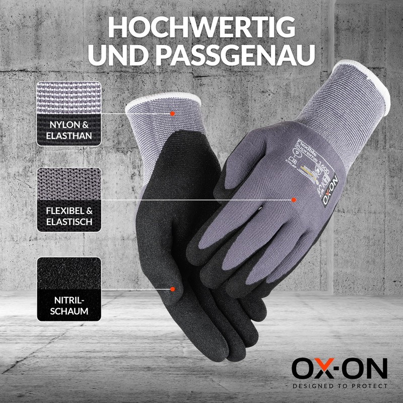 OX-ON Flexible Supreme 1600 Work Gloves Grey, Extremely Durable Safety