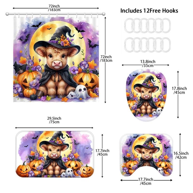 Wollmix Halloween 4 Pcs Bathroom Shower Curtain Sets Decorations with