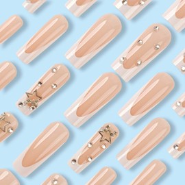French Tip Press on Nails Long Square Fake Nails White Chrome False Nails with 3D Star Rhinestone Design Glossy Full Cover Acrylic Glue on Nails Reusable Artificial Stick on Nails for Women 24Pcs