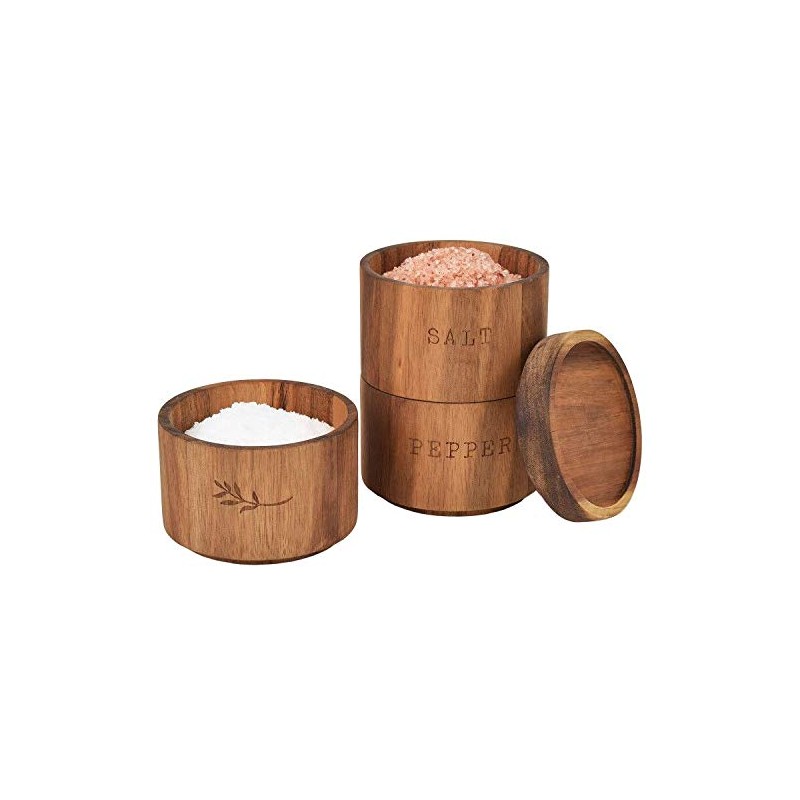 Acacia Wood Salt Pepper Shaker Set Cellar 3 piece Stacking