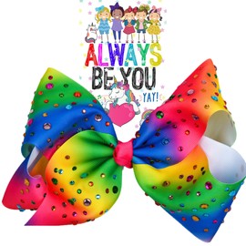 Worldly Finds Rhinestone Large 8 Inch Hair Bow for Girls, Toddlers - Rainbow Hair Bows, Cheer Bows, Large Ribbon Fashion Hair Bow Accessories (Rainbow3/Rhinestone)