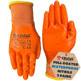 Cestus C-14, 3 Pairs Nitrile Coated Work Gloves for Men, Waterproof Safety Gloves for Fuel Handling, Construction, Warehouse (3 Pairs, Large)