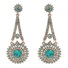 Touchstone Indian bollywood majestic touch faux turquoise blue quartz rhinestones victorian theme wedding or evening long bridal chandelier designer jewelry earrings in antique gold tone for women.
