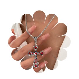 Inilbran Boho Exaggerated Ruby Cross Choker Necklace Vintage Large Cross Pendant Necklace Punk Red Crystal Cross Necklace Gothic Religious Christian Necklace Chain Jewelry for Women and Girls