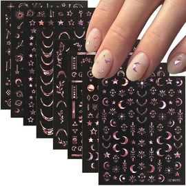 12 Sheets Holographic Purple Nail Stickers for Nail Art Moon Star Heart Nail Decals Celestial Nail Sticker Geometry Line Stickers for Nails Design 3D Self Adhesive Nail Art Supplies,DIY Accessories