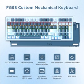 HUO JI 96% Wireless Mechanical Keyboard, Hot Swappable, Pre-lubed Blue Switches, Gasket Structure, Bluetooth/2.4GHz/USB-C, Led Backlit Sidelit, Custom Gaming Keyboard for PC (Blue)