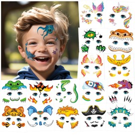 Partywind Temporary Face Tattoos for Kids, 24 Styles Creative Face Stickers for Face Painting, Waterproof Fake Tattoo Stickers for Kids Makeup, Birthday Party Favors Supplies Goodie Bag Stuffers