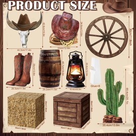 Colingmill 16 Pcs Cowboy Party Decorations Set 6 Hay Bales Boxes 2 Wood Print Boxes 2 Wood Wagon Wheels and 6 Western Cowboy Centerpieces Decor for Photo Booth Props Cowboy Birthday Farm Party Favors