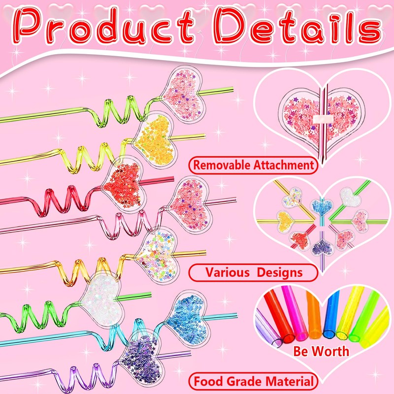 24 Reusable Glitter Heart Drinking Straws,Bachelorette Children's Day Decor