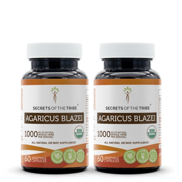 Secrets of the Tribe Agaricus Blazei 60 Capsules(2 pcs.), 1000 mg, USDA Organic Agaricus (Agaricus blazei murill) Dried Mushroom (2x60 Capsules)