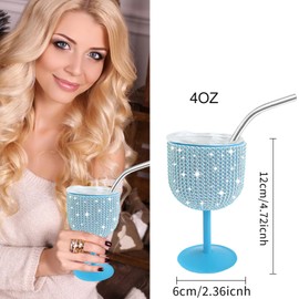 INSTOME Rhinestone Stainless Steel Wine Glasses,4oz Bling Stemmed Stainless Steel Wine Tumbler with Lid and Straw for Camping,Picnics,Travel,Birthday Gifts for Family (blue, 4oz)