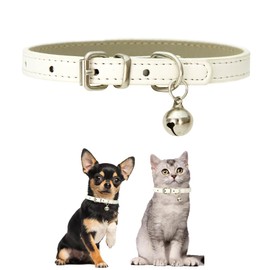 White XXS Dog Collar with Bell,Cat Collar with Bell,Soft Pu Leather Puppy Collar Adjustable Buckle for XXS Extra Small Medium Tiny Male Boys Pets Puppy Kitten Yorkie Chihuahua XXSmall