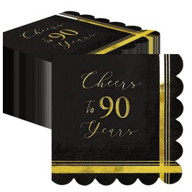 SietDESEO 50 PCS 3-ply 90th Birthday Scalloped Napkins Disposable 5 x 5 Inches Cheers to 90 Years Paper Napkins Black and Gold Cocktail Napkins for Birthday Anniversary Party Supplies Beverage Napkins