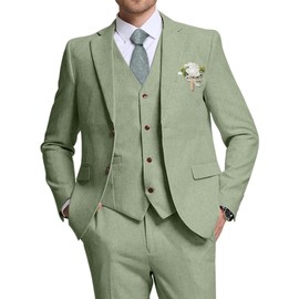 High-End Suits Retro Men Suits Linen 3 Pieces Suit for Men Summer Thin Suits Light Green Blazer Vest Pants XL