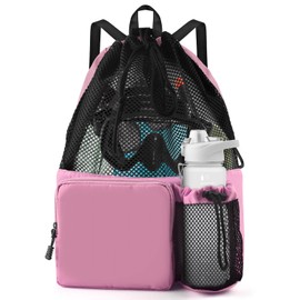 BROTOU Swimming Bag, Swimming Bag, Mesh Backpack with Drawstring, Beach Backpack, Gym Bag, Sports Bag, Adjustable Drawstring Gym Bag, Swimming Bag, Sports Bag for Women and Children (Pale Pink)