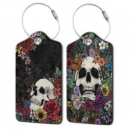 Skull Flowers Luggage Tags,2 Pack Luggage Tag,Leather Privacy Cover ID Label with Stainless Steel Loop for Women Men Kids Girls Travel