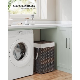 SONGMICS Laundry Hamper with Lid, 17.2 Gallon (65 L) Synthetic Rattan Clothes Laundry Basket with Lid and Handles, Foldable, Removable Liner, Chestnut Brown ULCB165K01
