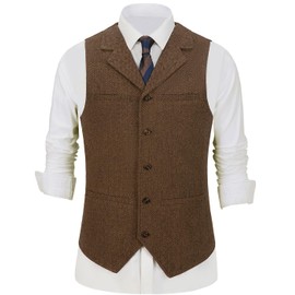 Garqia Clyon Hunting Aged Mens Tweed Vests Herringbone Waistcoats Retro Casual Wedding Wool Business Vests (Brown,XXL)
