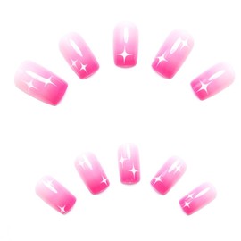 Red Pink Gradient Press on Nails Medium Square Fake Nails with Designs Star Stick on Nails Glossy Ombre False Nails Gel Pink Glue on Nails Short Acrylic Nails for Coquette Women Girls Manicure 24Pcs