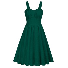 Belle Poque Women's Vintage Sleeveless Solid Ruched Cotton Embroidery A-Line Flowy Swing Midi Dress Dark Green Small