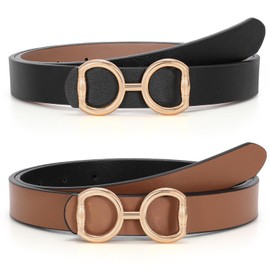 LEACOOLKEY Women Reversible Leather Belt for Jeans Pants Fashion Two-In-One Gold Buckle Ladies Dress Belt(Black/Brown(shiny Gold Buckle),Suit Waist Size 25"-31"