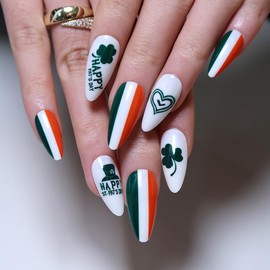 24Pcs St Patricks Day Press On Nails, Almond Press On Nails Medium Fake Nails with Green Shamrock & Heart Hat Design, Artificial Nails Stick On Nails for Women