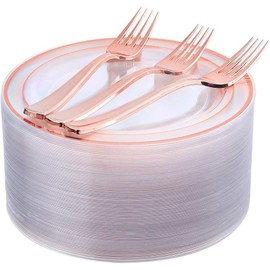 I00000 72 Pcs Rose Gold Plastic Dessert Plates7.5& 70 Pcs Plastic Forks7.4, Premium Salad Plates, Heavy Duty Disposable Plate for Party,Disposable Appetizer Plates Great for Wedding