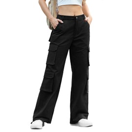 Women Cargo Pants High Waisted Baggy Pants Combat Military Trousers Wide Leg Casual Pants 8 Pockets Black