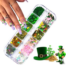 St. Patrick's Day Nail Art Glitters Green Clover Flakes Nail Sequins 3D Shamrocks Nail Art Glitter Design Holographic Leaf Sequin Nails Supplies Shine Lucky Nail Art Stickers Decorations DIY Crafts