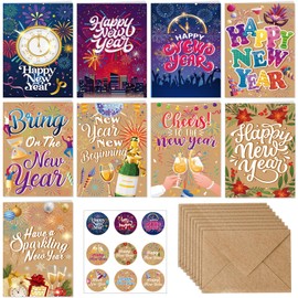 HOWAF 9PCS Happy New Year Cards 2025 New Year Greeting Cards with Envelopes Stickers, Happy New Year Card Winter Holiday Greetings Cards New Year Gifts for New Years Eve Party Supplies, Brown
