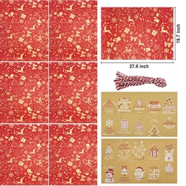 Christmas Wrapping Paper for Gift Wrapping - 6 Sheets Festive Design Red Xmas Gift Wrapping Paper 70 x 50cm Kraft Paper with Gift Tags and Ribbon