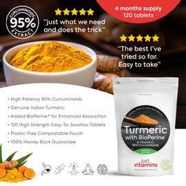Just Vitamins Just Vitamins High Strength Turmeric 12,500mg with Black Pepper BioPerine? & Vitamin C Tablets x120, Joint, Inflammation & Immune Support | UK Made, Non-GMO, No Additives