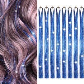 Hair Tinsel Blue 50inch 8packs 1600 Strands Glitter Tinsel Hair Extensions Heat Resistant Highlights Sparkling Fairy Hair for Kids Women Girls(50 Inch, Sapphire blue)