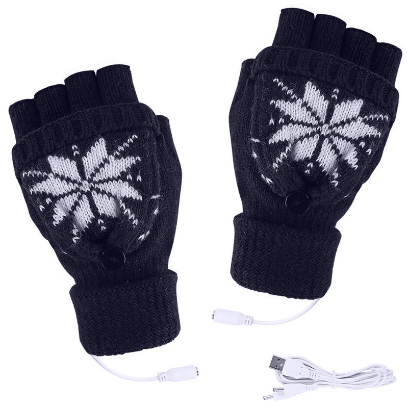 USB Heating Gloves Full Half Fingerless Knitting Double Side Warm