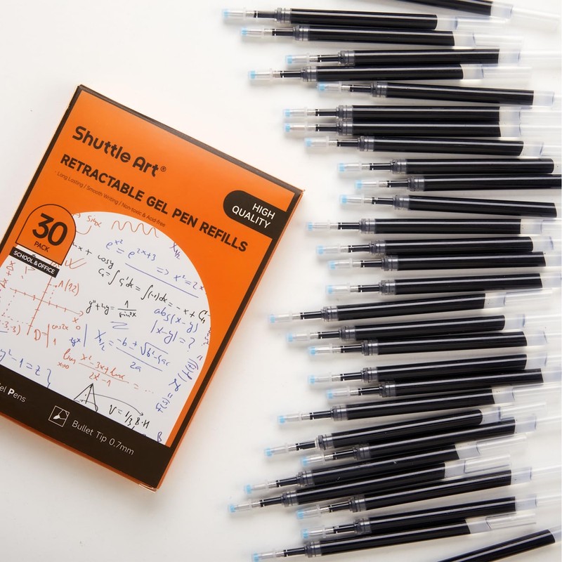 Retractable Gel Pen Refills, Shuttle Art 30 Pack Black Rollerball