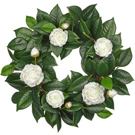 20" Artificial Wreath for Front Door White Camellia Wreath Greenery for Easter Spring Housewarming Wedding Farmhouse Mantel Door Decoration