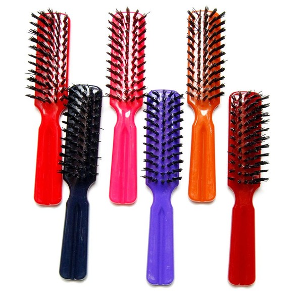 Luxxii (6 Pack) 6" Plastic Color Handle Nylon Bristle Brush Hair Pocket Comb Designed for All Hair Types (Assort Color)