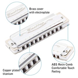 East top Blues Harmonica Key of A, 10 Holes Diatonic Blues Harp Mouth Organ Harmonica T008, Silver Harmonica For Adults, Professionals and Students