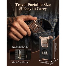 5-in-1 Butane Torch Lighter, with Built-in Punch, V Cutter, Draw Enhancer Needle & Holder, Visible Fuel Window, Windproof Triple Jet Flame Refillable Pocket Lighter for Travel Outdoor, Gifts for Men