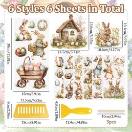 WANDIC 6PCS Easter Theme Rub On Transfer Stickers, Vintage Transfer Decals Rabbit Egg Theme Stickers for Furniture Scrapbooking Window, 15 * 30cm