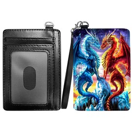 RWUTYTIUL Red Blue Dragon Slim Minimalist Wallet with Lanyard Strap, PU Leather Front Pocket Wallet RFID Blocking Credit Card Holder Card Cases with ID Window for Man Woman Boy Girl