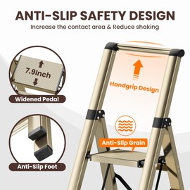 GameGem 5 Step Ladder, Foldable Step Stool, Aluminum Step Ladder with Anti-Slip Widened 7.9Inch Pedal, Tall Step Ladder for Reaching High, Suitable for Home Use, 330lbs Capacity, Gold