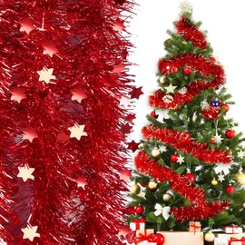 6 Pcs Christmas Tinsel, Red Tinsel, Tinsel for Christmas Tree and Christmas Decorations With Pentagram Shape Christmas Tinsel Strands for Christmas Tinsel for christmas tree silver