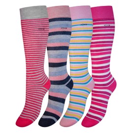 OCERA Children's Thermal Knee Socks, 4 Pairs of Winter Socks for Girls and Boys, with Inner Terry Cloth and Breathable Cotton Wool, for Skiing, Snowboarding and Hiking, 4 x striped pink tones